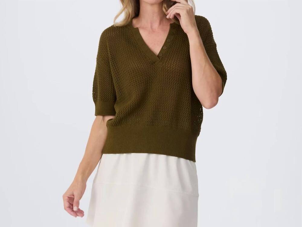 NEW KRIMSON KLOVER tansy short sleeve pointelle henley sweater in dark olive